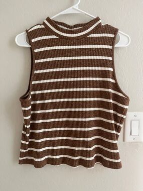 Old Navy Brown and White Striped Ribbed Mock Neck Tank